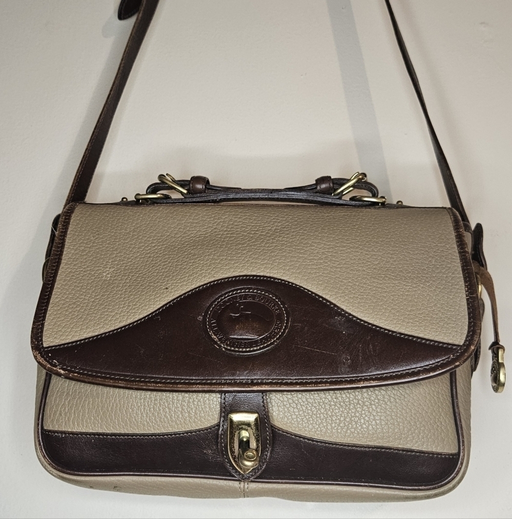 Vintage Dooney & Bourke Carrier Leather Satchel Taupe & Burnt Cedar Shoulder Bag - Picture 2 of 10